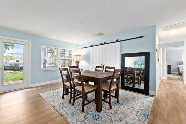 Bedroom, Dining room, Interior, Recessed Lighting, Wood Texture Flooring