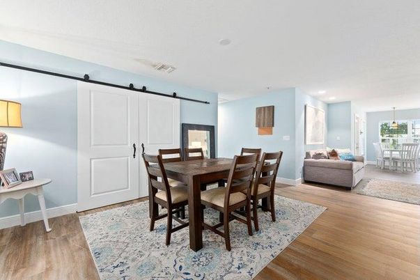 Dining room, Interior, Living room, Pendant Lights, Recessed Lighting, Wood Texture Flooring