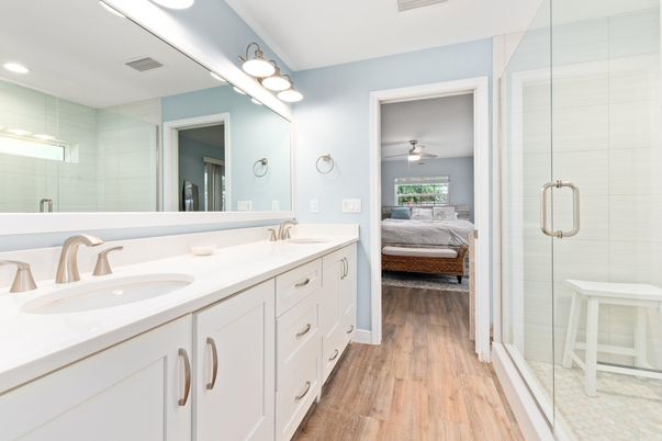Bathroom, Bedroom, Dual Sink Vanities, Glass Shower, Interior, Recessed Lighting, Wood Texture Flooring