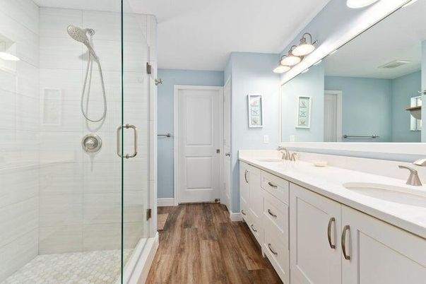 Bathroom, Dual Sink Vanities, Glass Shower, Interior, Wood Texture Flooring