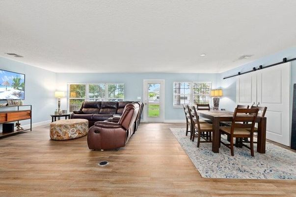 Dining room, Interior, Living room, Recessed Lighting, Wood Texture Flooring