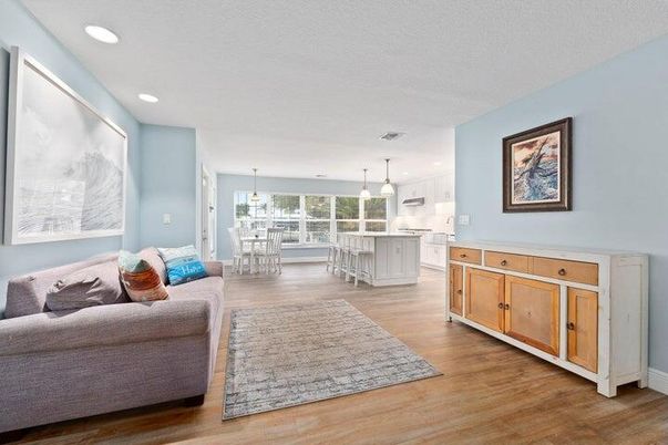 Chandelier, Dining room, Interior, Kitchen, Living room, Pendant Lights, Recessed Lighting, Wood Texture Flooring