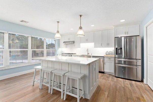 Interior, Kitchen, Pendant Lights, Recessed Lighting, Stainless Steel Appliances, Wood Texture Flooring