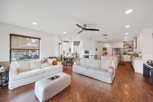 Dining room, Interior, Kitchen, Living room, Pendant Lights, Recessed Lighting, Stainless Steel Appliances, Wood Texture Flooring