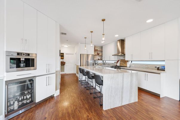 Interior, Kitchen, Pendant Lights, Recessed Lighting, Stainless Steel Appliances, Wood Texture Flooring