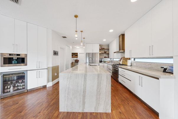 Interior, Kitchen, Pendant Lights, Recessed Lighting, Stainless Steel Appliances, Wood Texture Flooring