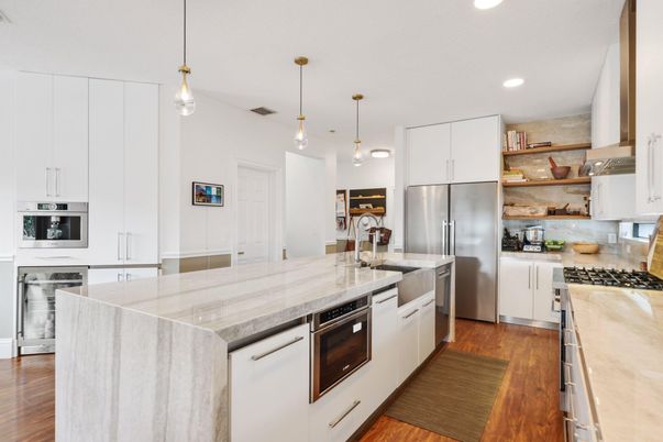 Interior, Kitchen, Pendant Lights, Recessed Lighting, Stainless Steel Appliances, Wood Texture Flooring