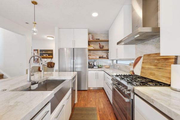 Interior, Kitchen, Pendant Lights, Recessed Lighting, Stainless Steel Appliances, Wood Texture Flooring