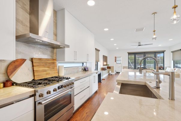 Interior, Kitchen, Pendant Lights, Recessed Lighting, Stainless Steel Appliances, Wood Texture Flooring