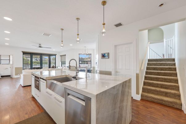 Interior, Kitchen, Pendant Lights, Recessed Lighting, Stainless Steel Appliances, Wood Texture Flooring