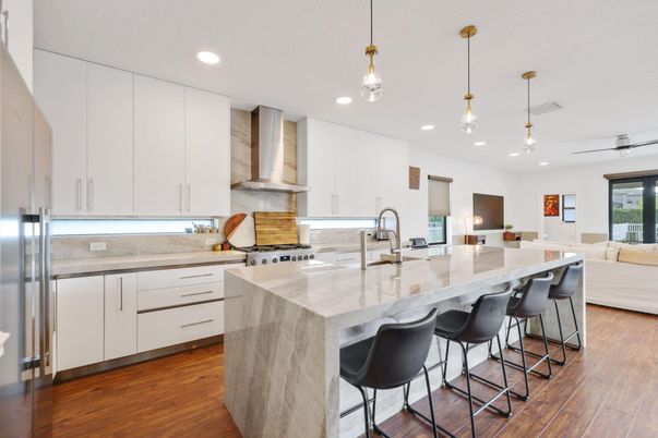 Interior, Kitchen, Living room, Pendant Lights, Recessed Lighting, Stainless Steel Appliances, Wood Texture Flooring