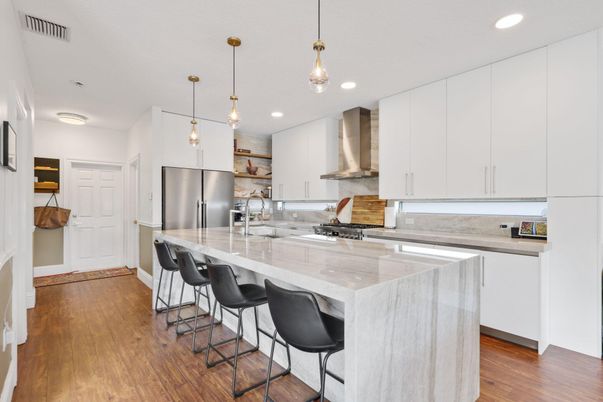 Interior, Kitchen, Pendant Lights, Recessed Lighting, Stainless Steel Appliances, Wood Texture Flooring