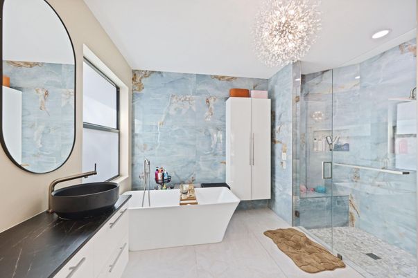 Bathroom, Chandelier, Free Standing Baths, Glass Shower, Interior, Marble, Marble Walls, Recessed Lighting