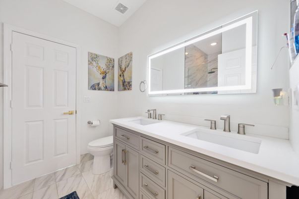 Bathroom, Dual Sink Vanities, Interior, Marble, Recessed Lighting