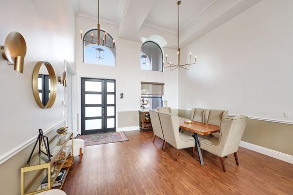 Dining room, Interior, Pendant Lights, Wood Texture Flooring