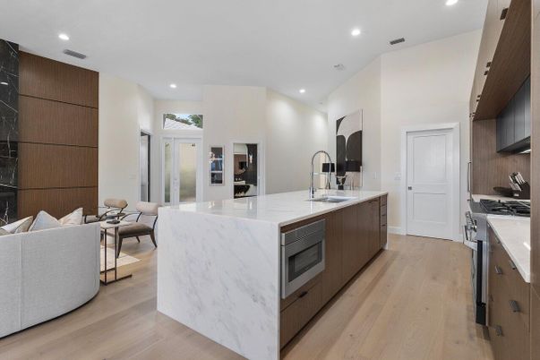 Interior, Kitchen, Living room, Recessed Lighting, Stainless Steel Appliances, Wood Texture Flooring