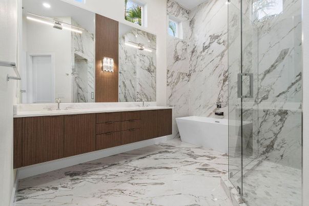 Bathroom, Dual Sink Vanities, Free Standing Baths, Glass Shower, Interior, Marble, Marble Walls, Recessed Lighting