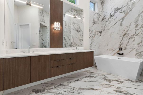 Bathroom, Dual Sink Vanities, Free Standing Baths, Interior, Marble, Marble Walls
