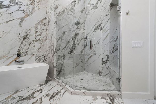 Bathroom, Free Standing Baths, Glass Shower, Interior, Marble, Marble Walls