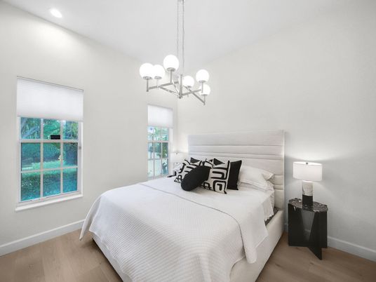 Bedroom, Chandelier, Interior, Recessed Lighting, Wood Texture Flooring
