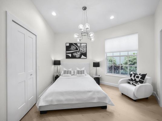 Bedroom, Interior, Pendant Lights, Recessed Lighting, Wood Texture Flooring