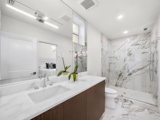 Bathroom, Glass Shower, Interior, Marble, Marble Walls, Recessed Lighting