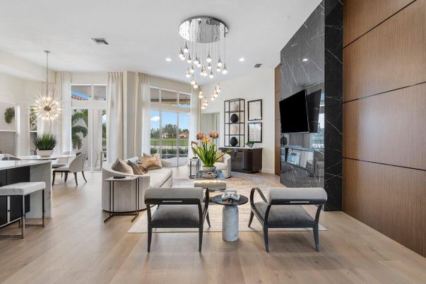 Dining room, Interior, Living room, Pendant Lights, Recessed Lighting, Wood Texture Flooring