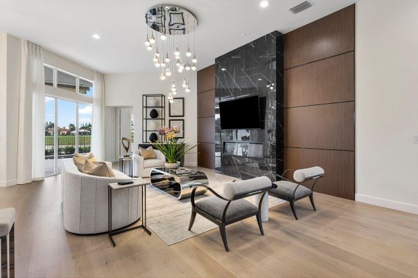 Fireplace, Interior, Living room, Marble Walls, Pendant Lights, Recessed Lighting, Wood Texture Flooring