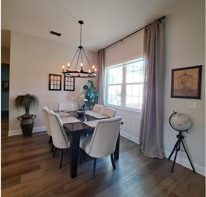 Chandelier, Dining room, Interior, Pendant Lights, Wood Texture Flooring
