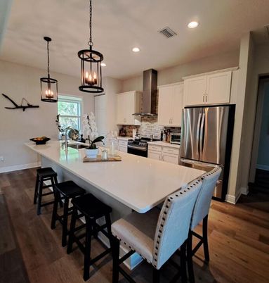 Interior, Kitchen, Pendant Lights, Recessed Lighting, Wood Texture Flooring