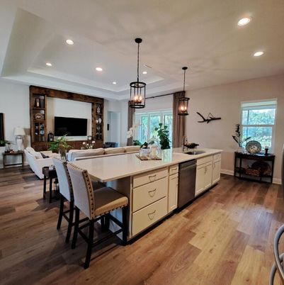 Dining room, Interior, Kitchen, Living room, Pendant Lights, Recessed Lighting, Wood Texture Flooring