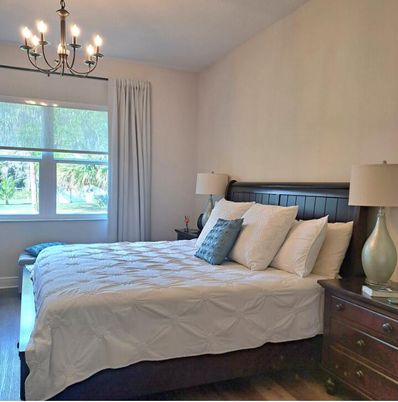 Bedroom, Chandelier, Interior, Wood Texture Flooring