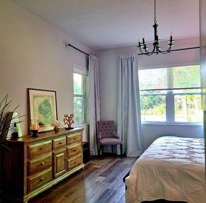 Bedroom, Chandelier, Interior, Wood Texture Flooring