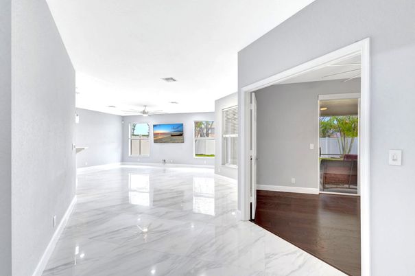 Empty room, Interior, Marble, Recessed Lighting, Wood Texture Flooring