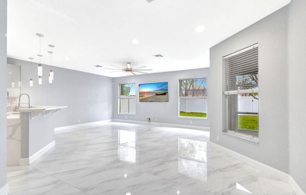 Empty room, Interior, Kitchen, Marble, Pendant Lights, Recessed Lighting