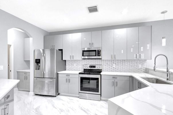 Interior, Kitchen, Marble, Pendant Lights, Stainless Steel Appliances