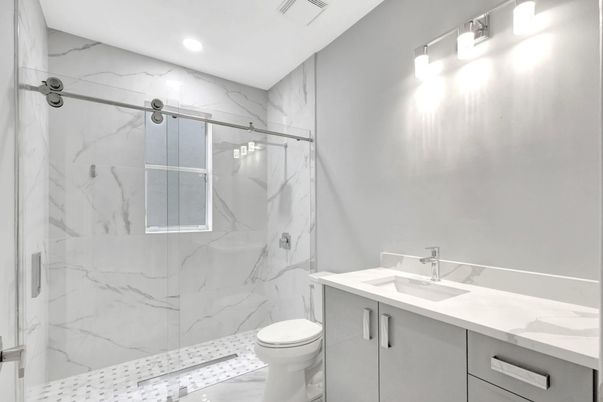 Bathroom, Glass Shower, Interior, Marble Walls, Recessed Lighting