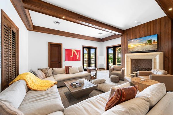 Fireplace, Interior, Living room, Recessed Lighting, Wooden Beams, Wooden Walls