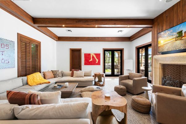 Fireplace, Interior, Living room, Recessed Lighting, Wooden Beams, Wooden Walls