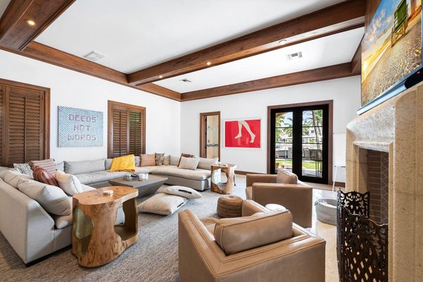 Fireplace, Interior, Living room, Recessed Lighting, Wooden Beams