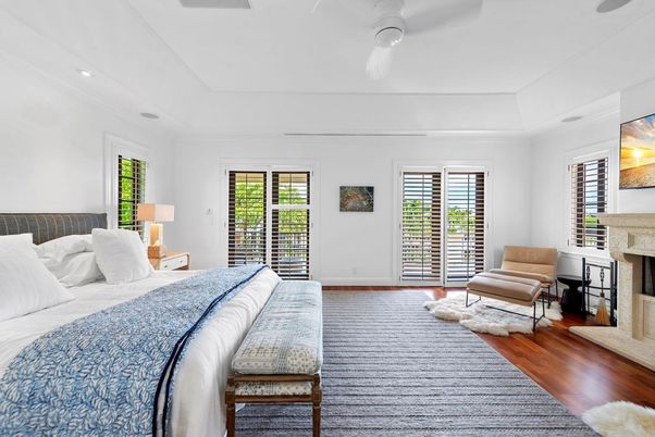 Bedroom, Fireplace, Interior, Recessed Lighting, Wood Texture Flooring