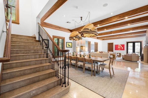 Dining room, Interior, Living room, Pendant Lights, Recessed Lighting, Wooden Beams