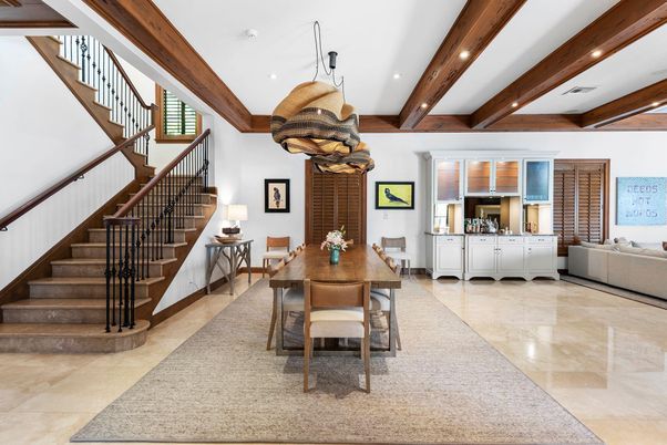 Dining room, Interior, Living room, Pendant Lights, Recessed Lighting, Wooden Beams