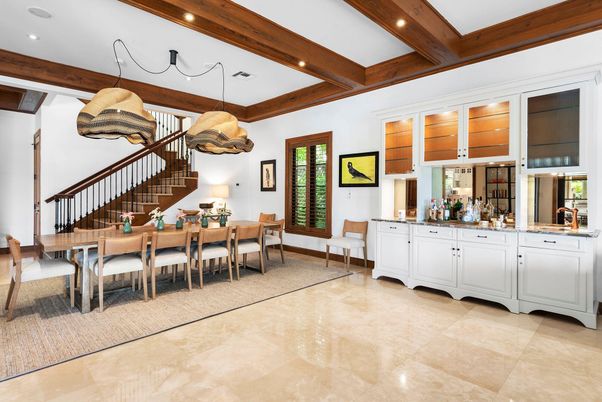 Dining room, Interior, Pendant Lights, Recessed Lighting, Wooden Beams