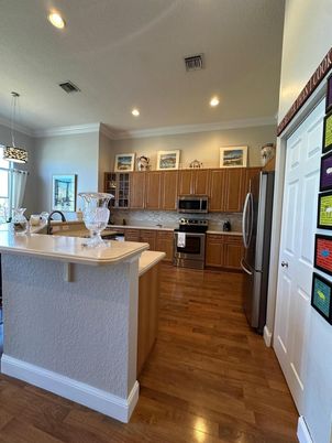 Interior, Kitchen, Pendant Lights, Recessed Lighting, Stainless Steel Appliances, Wood Texture Flooring