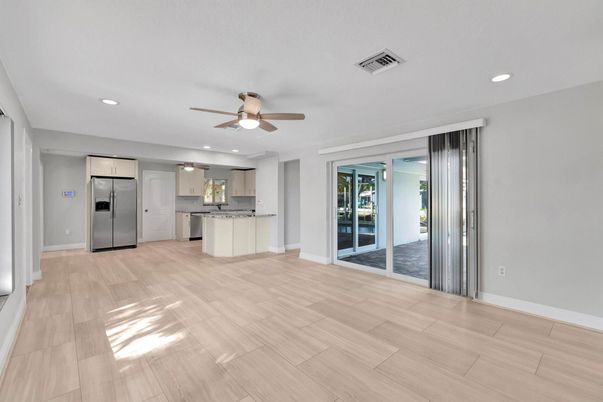 Empty room, Interior, Kitchen, Recessed Lighting, Wood Texture Flooring
