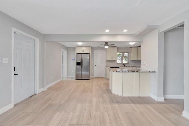 Interior, Kitchen, Recessed Lighting, Wood Texture Flooring