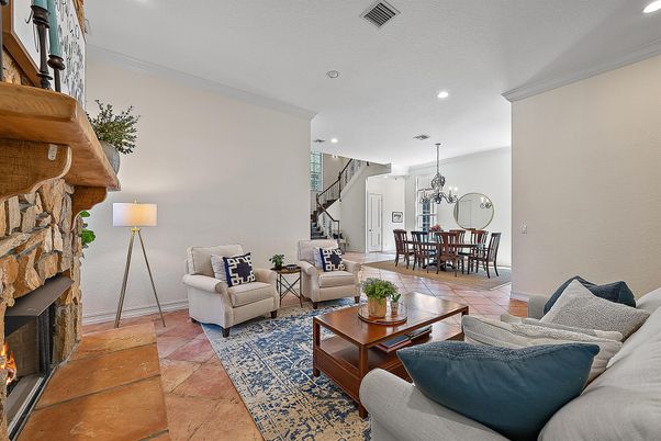 Chandelier, Dining room, Fireplace, Interior, Living room, Recessed Lighting