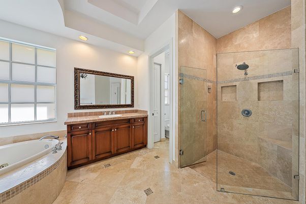 Bathroom, Dual Sink Vanities, Glass Shower, Interior, Recessed Lighting