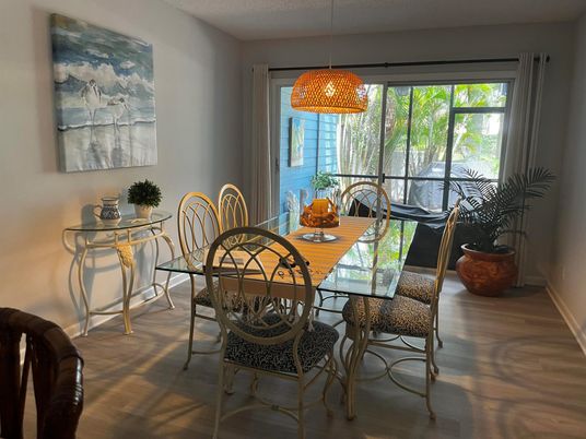 Dining room, Interior, Pendant Lights, Wood Texture Flooring